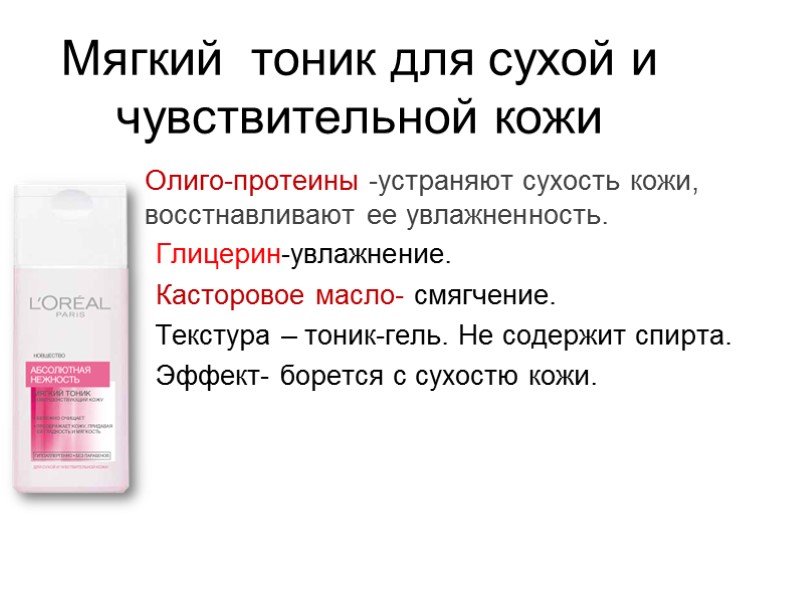 Олиго-протеины -устраняют сухость кожи, восстнавливают ее увлажненность. Глицерин-увлажнение. Касторовое масло- смягчение. Текстура – тоник-гель.